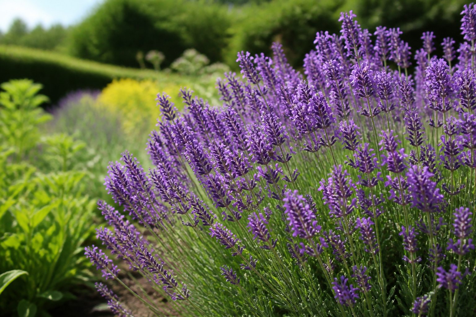 Flowering lavender bush in a sunny garden border