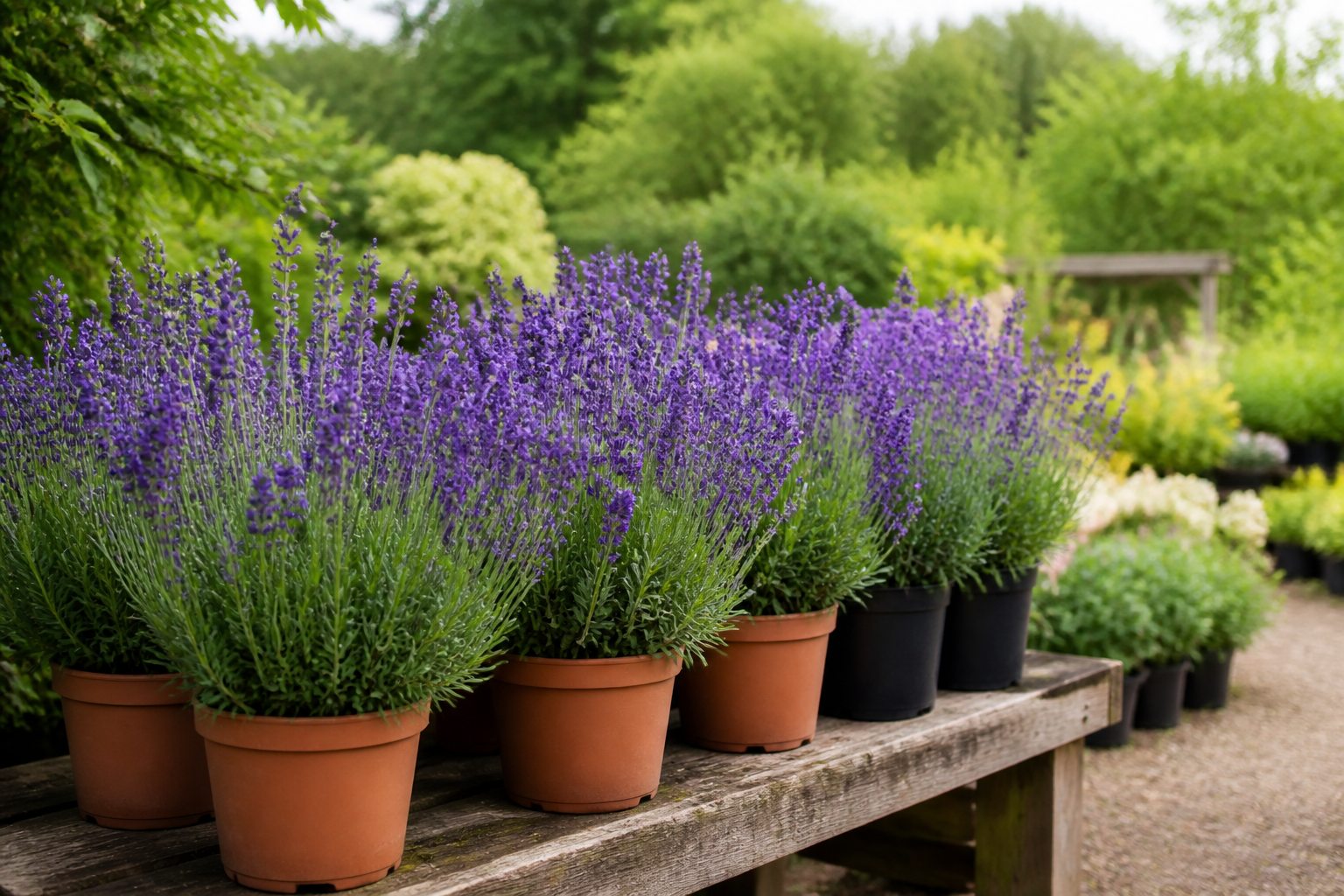 Flowering lavender plants growing at Woodham Nursery